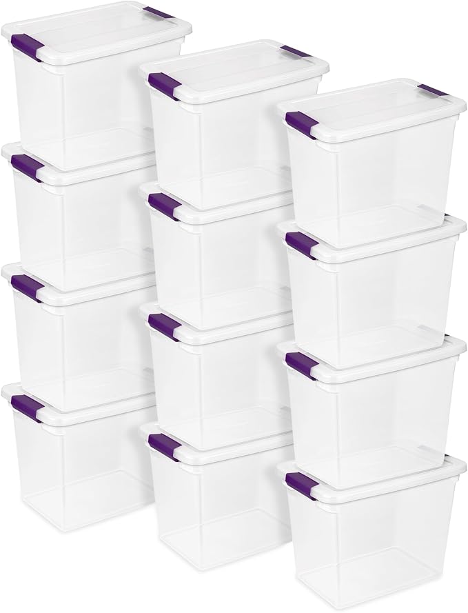 Sterilite ClearView Latch Boxes, Storage Bins with Lids, 27 Quart, 12-Pack | Clear Plastic Organizers with Color Accent Latches for Closet, Bedroom, Shelving Units, Dorm Room and Home Organization by Sterilite