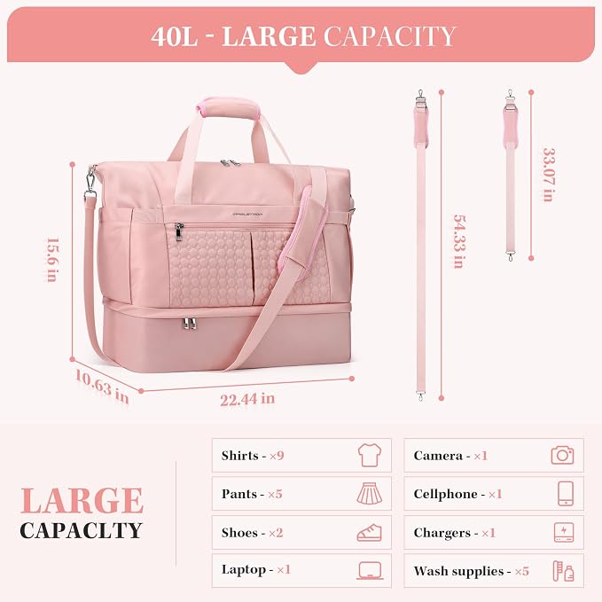 Maelstrom Gym Bag for Women,40L Travel Duffel Bag with Shoes Compartment and Wet Pocket,Waterproof Carry On Weekender Bag,Sport Gym Tote Bags Swimming Yoga, Hospital Holdalls（Pink) - Image 2