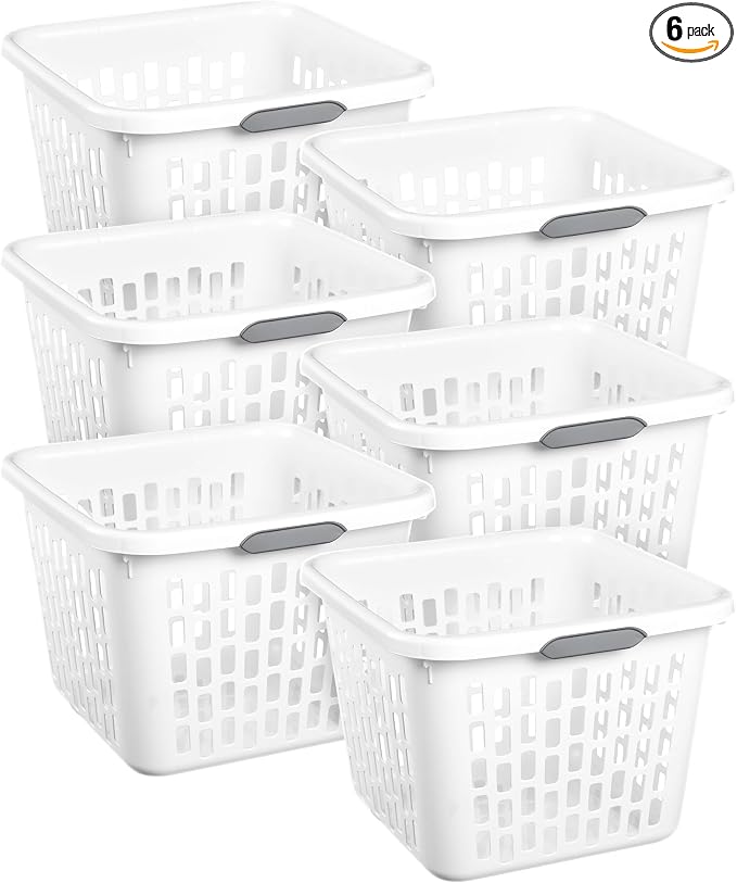 Sterilite Square Laundry Basket, Plastic Clothes Hamper, 6-Pack | 1.5 Bushel Capacity, White, Dirty Clothing Storage, Ventilated Rectangular Holes & Large Comfort Grip Handles for Easy Carry by Sterilite