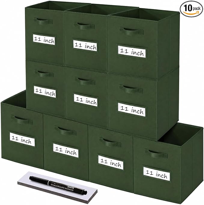 Storage Bins,11" Cube Storage Bin with Labels,10pcs,Dark Green | Fabric Storage Cubes for Shelves,11 Inch storage cube bins with 10 Labels Window Cards & a Pen. by Anyoneer