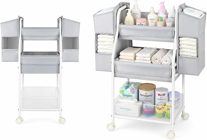 Rolling Utility Cart with Side Storage, 3-Tier Diaper Cart & Baby Caddy Organizer for Nursery Essentials, Bedside/Postpartum Nursing Cart, Craft & Art Storage Organizer, Rolling Book Cart by MOTEPH