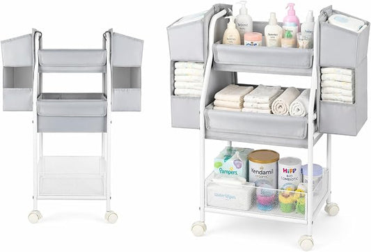Rolling Utility Cart with Side Storage, 3-Tier Diaper Cart & Baby Caddy Organizer for Nursery Essentials, Bedside/Postpartum Nursing Cart, Craft & Art Storage Organizer, Rolling Book Cart by MOTEPH
