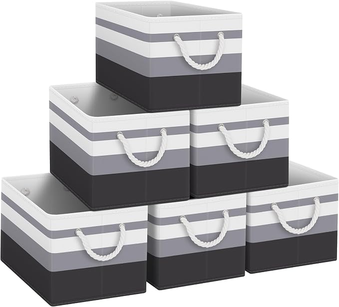 Storage Bins 6-Pack, Foldable Storage Baskets for Organizing Toys, Books, Shelves, Closet, Large Storage Box with Rope Handles, Sturdy Organizer Bins,Gradient Grey by Fabtotes