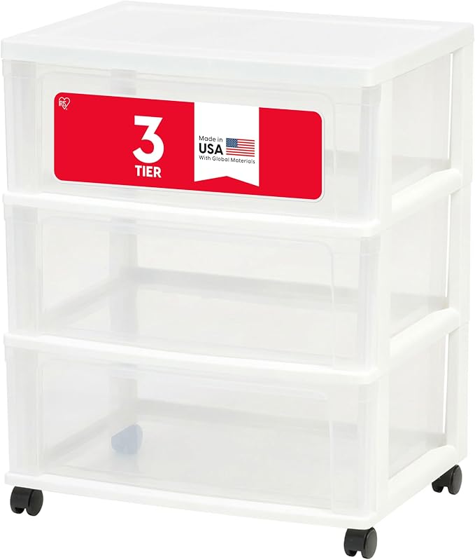 IRIS USA 3-Drawer Wide Storage Cart with Wheels, Organizer, White | Store clothing, towels, office supplies, craft materials and household essentials with organized storage around your home by IRISUSA