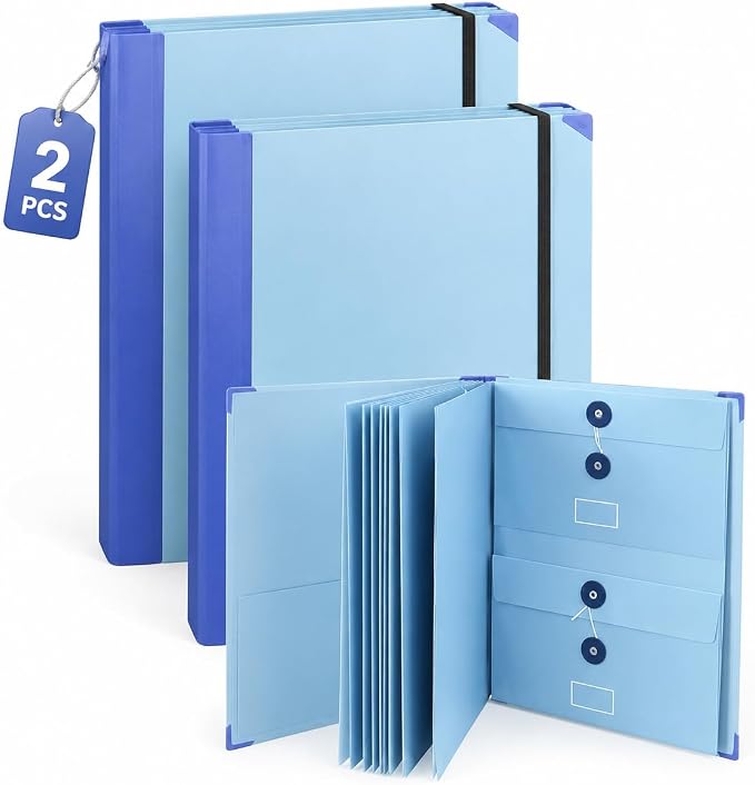 2 Pack Document Organizer File Folder, 12 Pockets, A4 Size | String and Button Closure, Elastic Band Security, Multi-Size Storage, Easy Sorting, Portable Design, Home Office and Travel by Unknown