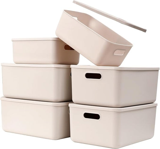 Yishyfier Plastic Storage Baskets With Lid Organizing Container Lidded Knit Storage Organizer Bins for Shelves Drawers Desktop Closet Playroom Classroom Office (4M+2S, Light grey) by Yishyfier