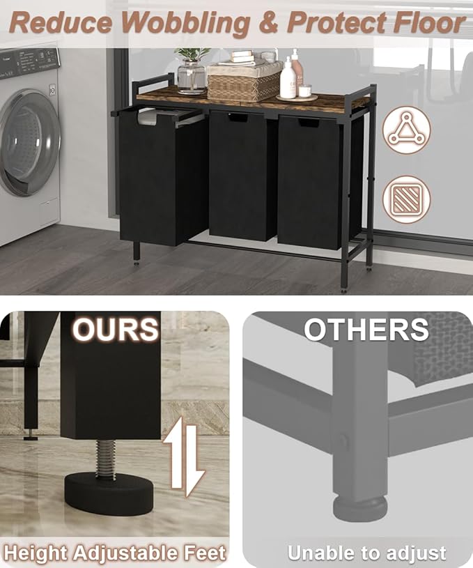 10 x 3 Gal Large Laundry Hamper, Rustic Brown and Black | Freestanding Clothes Basket Organizer with 3 Pull-Out & Removable Sorter Bags for Clothing or Toys in Bathroom & Living Room - Image 4