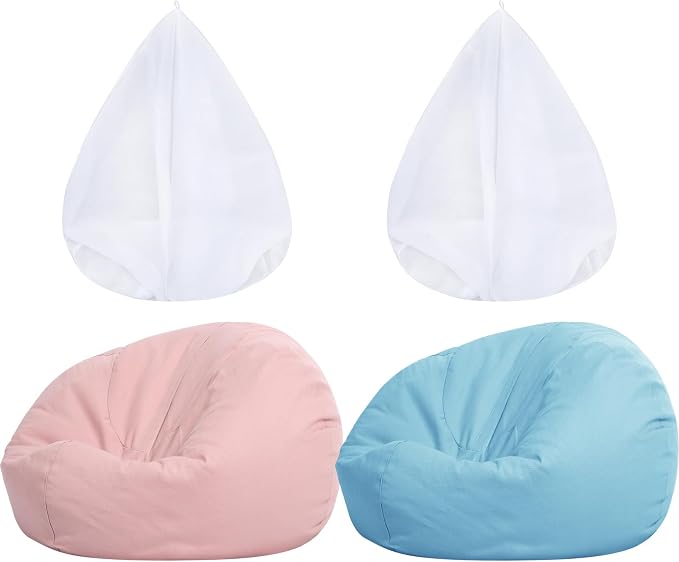 Sliner 2 Pcs Stuffed Storage Bean Bag Chair Cover for Kids Adults (No Filler) Stuffable Zipper Beanbag Cover for Organizing Plush Toys or Foam(23.5 * 23.5 * 25.5inch,Cotton,Light Pink and Light Blue) by Sliner
