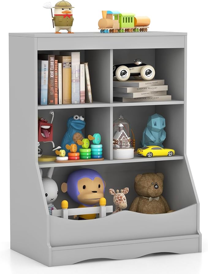 HONEY JOY Kids Toy Storage Organizer with Bookcase, 4-Cubby Organization Storage Cabinet w/Display Shelf, Wooden Toy Storage Unit for Playroom, Nursery Daycare(Gray) by HONEYJOY