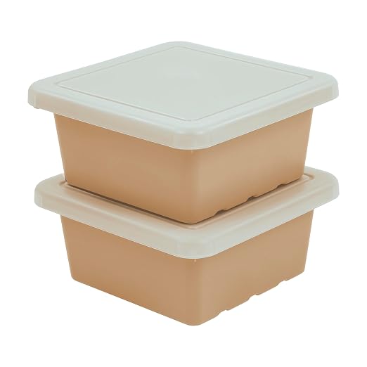 ECR4Kids Stackable Square Bins with Non-Snap Lids, Multipurpose Organization, Sand, 2-Pack by ECR4Kids