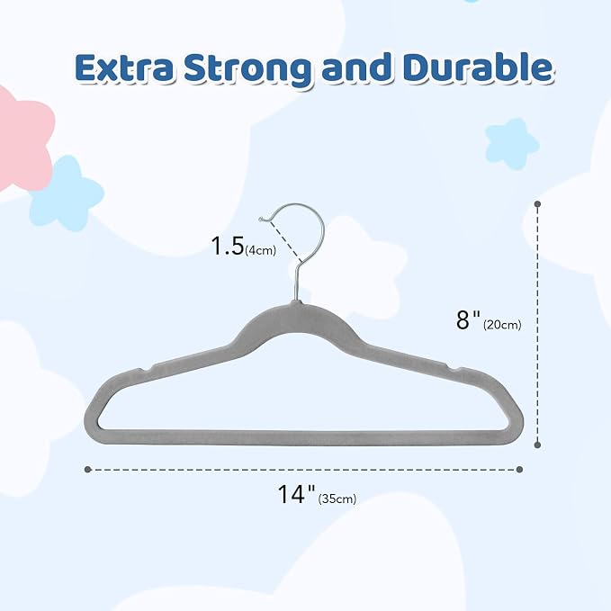 Premium 14 Inch Kids Hangers 100 Pack, Baby Velvet Hanger Non Slip | Grey Space Saving Felt Hangers Clothes Organizers for Closet with 360° Swivel Hook for Children, or Wholesale Small business - Image 7