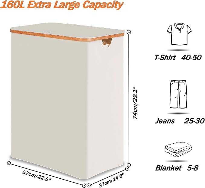 efluky Laundry Hamper with Lid, Trio Laundry Basket with 2 Removable Bags, 3 Section Laundry Bin with Bamboo Handles for Bathroom, Bedroom & Laundry Room, 160L (42.3 Gallon) Beige - Image 2