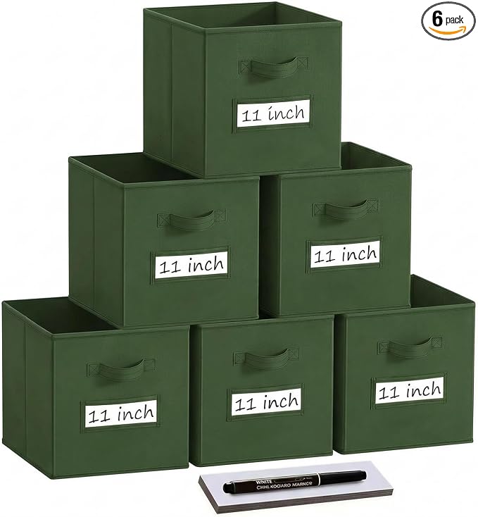 Storage Bins,11 Inch Cube Storage Bin with Labels,6pcs,Dark Green | Fabric Storage Cubes for Shelves,11 Inch storage cube bins with 6 Labels Window Cards & a Pen. by Anyoneer
