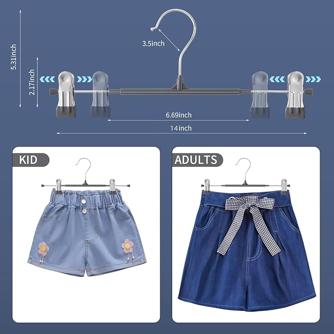 Pants Skirt Hangers with Clips, 10 Pack, Gray, 14 Inch | Non-Slip,Adjustable metal wide clips,Space-Saving,Heavy duty, for pants/skirt/dress/trousers/jeans/shorts/leggings,Women - Image 3