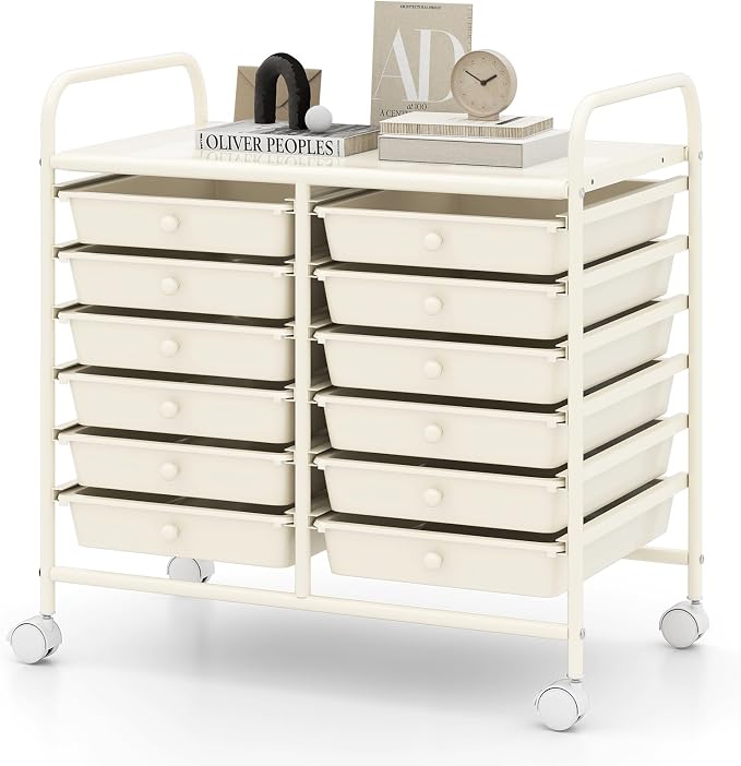 RELAX4LIFE 12-Drawer Rolling Storage Cart - Mobile Utility Cart on Wheels for School Classroom Teacher Office Salon, Paper File Art Supply Craft Organizer, Rolling Cart with Drawers (White) by RELAX4LIFE