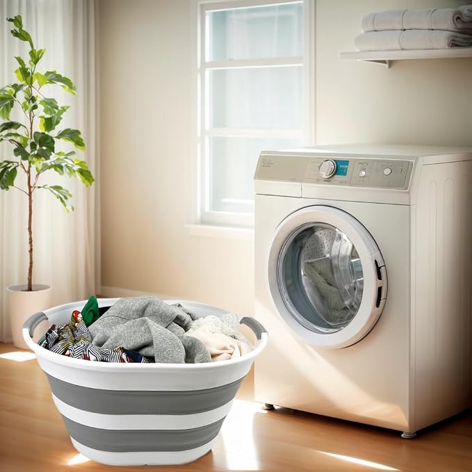 SAMMART Collapsible Plastic Oval Laundry Basket 23L (6 Gallons) -Foldable Storage Container/Organizer - Portable Washing Tub - Space Saving Hamper for Laundry, Camping & Home (White/Grey) - Image 5