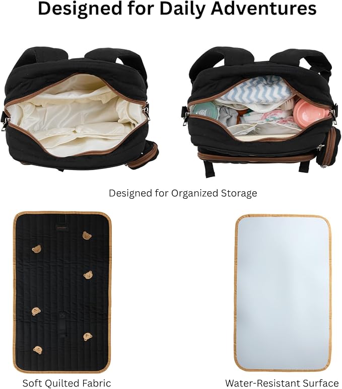 Large Diaper Bag Backpack with Changing Pad, Insulated Bottle Pockets, Travel & Hospital Bag for Mom & Dad (Small - Black Bears) - Image 3