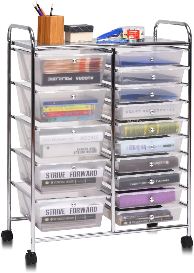 Giantex 15 Drawer Rolling Storage Cart Tools Scrapbook Paper Office School Organizer, Clear by Giantex
