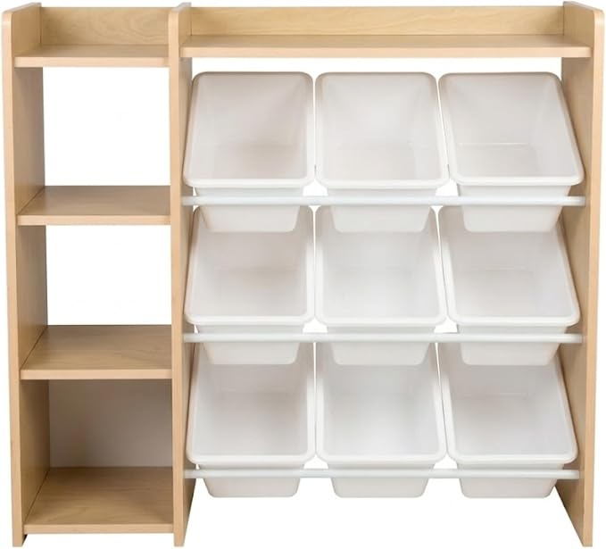 Humble Crew Kids Toy Storage Organizer with Bookshelf, 9 Bins, Solid Wood | Built in side bookshelf, removable bins, solid hardwood, compact 35 in wide, toddler friendly, for playrooms and nurseries by HumbleCrew