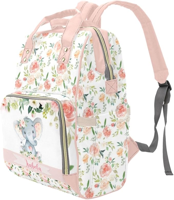 Custom Name Diaper Bag Customized Floral Elephant Mommy Nappy Bags with Multi Pocket & Large Capacity Personalized Nappy Changing Bag Nursing Mommy Daypack with Multi Pockets for New Mom - Image 2