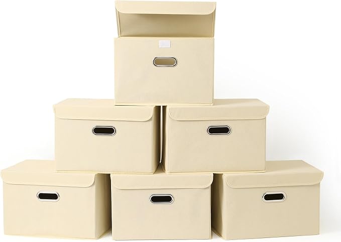 Fabric Foldable Collapsible Storage Cube Bin Organizer Basket with Lid, Handles, Removable Divider for Home, Closet (Creamy-White, 6Pcs) by SEVENDOME