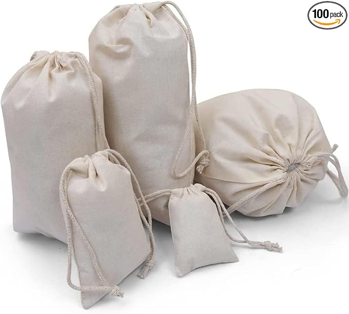 100Pcs 12 x 16 Inches Premium Cotton Muslin Double Drawstring Bags, Reusable Bag Natural Cotton Bags with Drawstring Produce Bags Bulk Gift Bag Jewelry Pouch for Party Wedding Home Storage by BIGLOTBAGS
