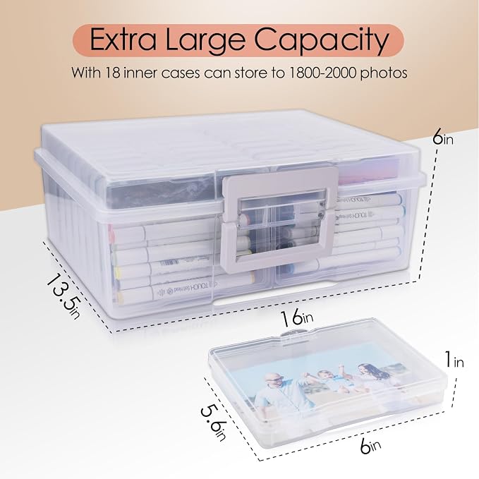 Photo Storage Box 5" x 7", Extra Large Photo Storage Container | 18 Inner Cases, Clear Picture Box with Handle, Seeds Organizer for Pictures, Arts, Crafts, Sewing, Stickers, Office Supplies - Image 2