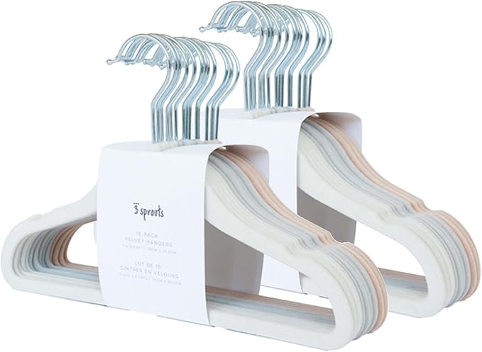 3 Sprouts Velvet Baby Hangers, Non Slip Slim, Cream/Gray/Hazelnut, 30 Pack | Non-slip velvet, Notched shoulders, 360-degree swivel hook, 11.75 x 8 in, Infant and toddler clothes, Soft colors for nursery by 3Sprouts