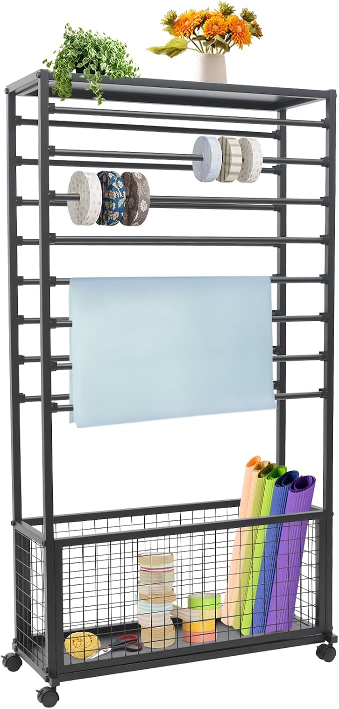 Ribbon Holder Organizer Rack, Double-Sided 16-Layer Ribbon Shelf with Wheel | Ribbon Display Rack, Multifunctional Metal Flower Wrapping Paper Storage Stand for Craft Room Flower Shop, Widen, Black by LifeFirstChoice-Blisiour