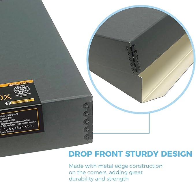 Lineco Drop Front Archival Storage Box, 11.75x15.25x3 in, Gray, 2 Pack | Acid-Free with Metal Edge, Preserves Picture Longevity, Organize Photos, Newspapers, Prints, Documents, Crafts, DIY - Image 3