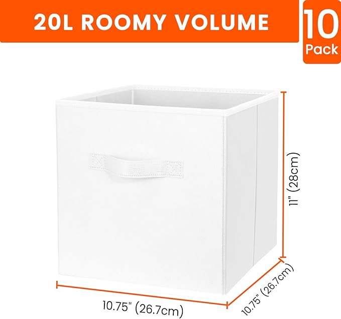 Storage Cubes, 11 Inch Cube Storage Bins for Shelves Closet Nursery Bedroom - 10 Pack Collapsible Baskets with Handles - Fabric Bins for Organizing Magazines Clothes Blanket Toys (White) - Image 2