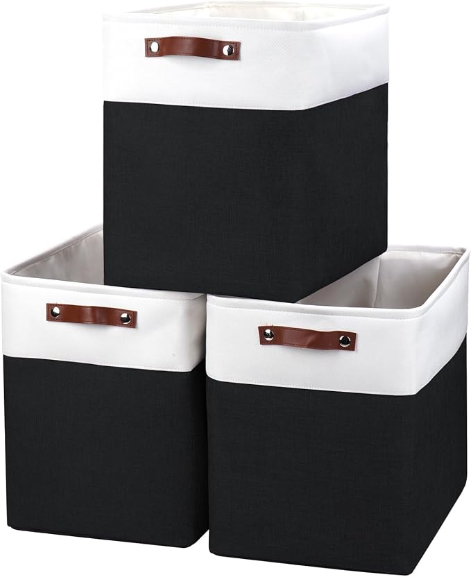 Large Fabric Storage Baskets | 50L Storage Bins, Decorative Linen Closet Baskets with Handles for Organizing, Shelf, Toys, Clothes, Home, Office, Nursery, 17x12x15Inches (Black&White) by Bagnizer