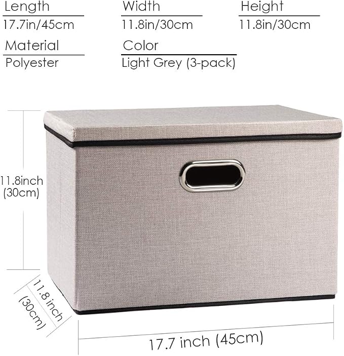 Large Foldable Storage Bins with Lids [3-Pack] linenFabric Decorative Storage Boxes Organizer Containers Baskets Cube with Handles Divider for Bedroom Closet Office Light Grey(17.7x11.8x11.8) - Image 6