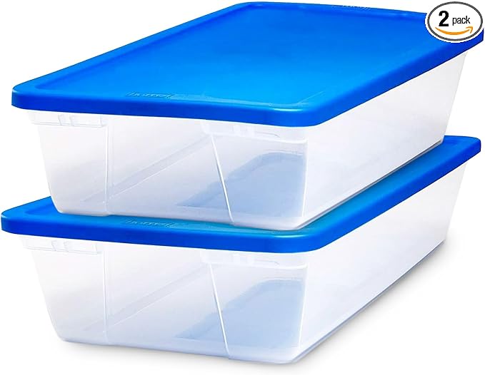 HOMZ 2-Pack Snaplock, Large Clear Plastic Storage Organizer Bins w/Lids, 41 Quart, Blue - Stackable Container Boxes for Bedroom, Bathroom, Garage, and Office Organization by Homz