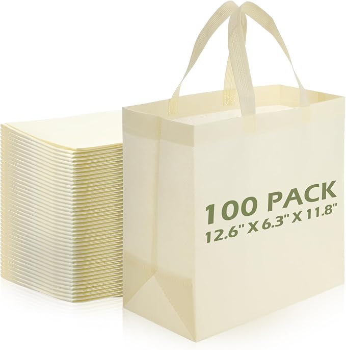 Reginary 100 PCS Non Woven Tote Bags Bulk,Beige | Reusable Shopping Bags with Handles, Stores, Groceries Markets, Events Gift, Party Supplies by Reginary