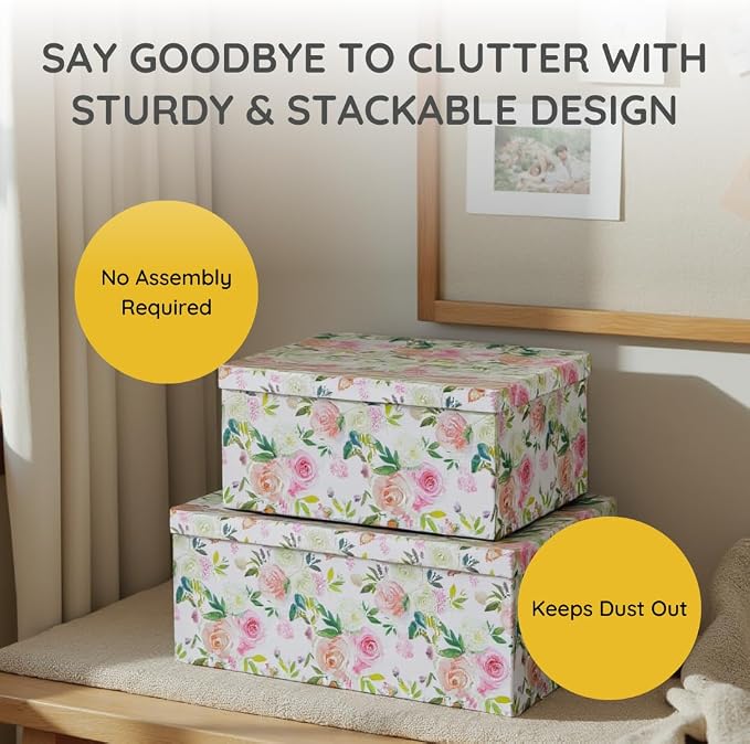 Soul & Lane - Summer Rose Decorative Storage Boxes with Lids, Set of 3 | Large Nesting Cardboard Keepsake Boxes for Photos and Gifts, Pink Vintage Rose Print Containers for Home Decor - Image 3