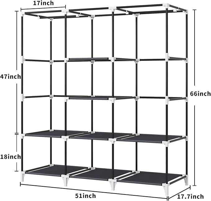 Portable Closet, Bedroom Wardrobe Closet for Hanging Clothes | 2 Hanging Rods, 8 Storage Organizer Shelves, Pipe Diameter 16mm, Durable and Easy to Assemble, Grey - Image 4