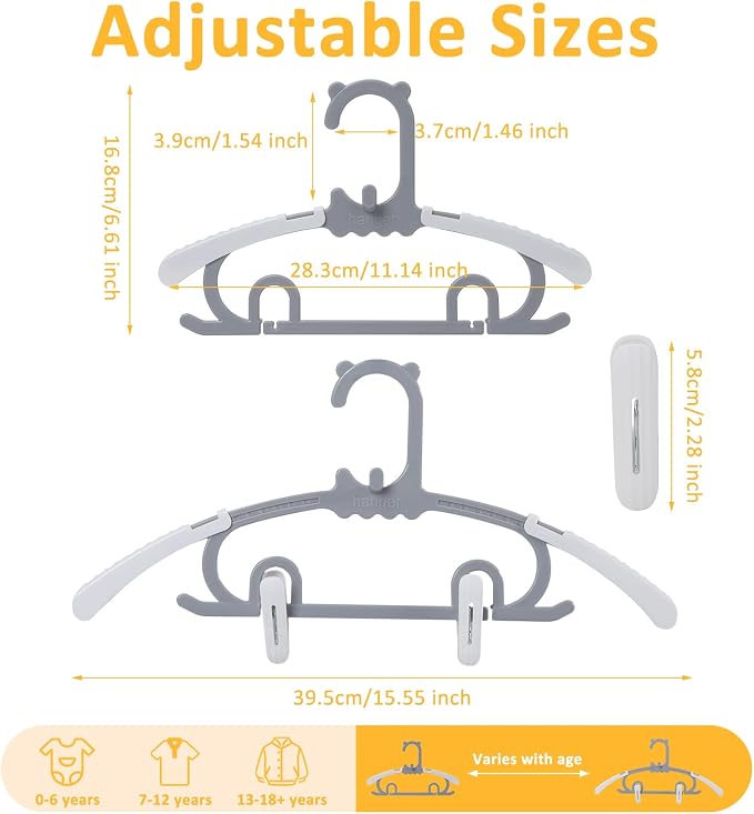 30 Pack Baby Hangers with 16 Clips 11-15 Inch Adjustable Kid Hanger Grey | Multifunctional Children Hanger for Girl Boy Toddler Kids Child - Image 2