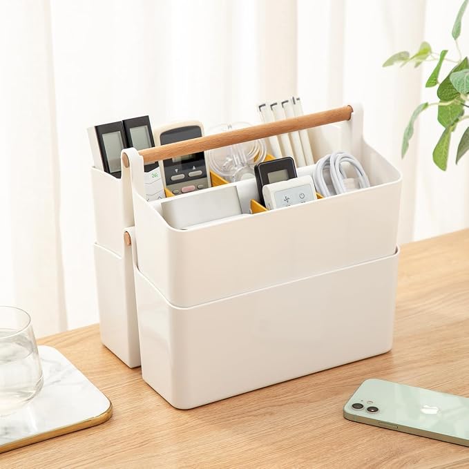 EZOWare Set of 4 Plastic Stackable Caddy Tote Set, Large Storage Organizer Bins w/Removable Compartment Divider & Handle for Makeup, Bathroom, Office, School, Crafts, Nursery - White and Orange - Image 7