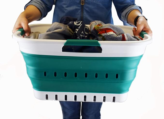 SAMMART Set of 2-30L (8 gallon) Collapsible Plastic Laundry Basket - Foldable Pop Up Storage Container/Organizer - Space Saving Hamper/Basket (2, White/Dark Green) - Image 6