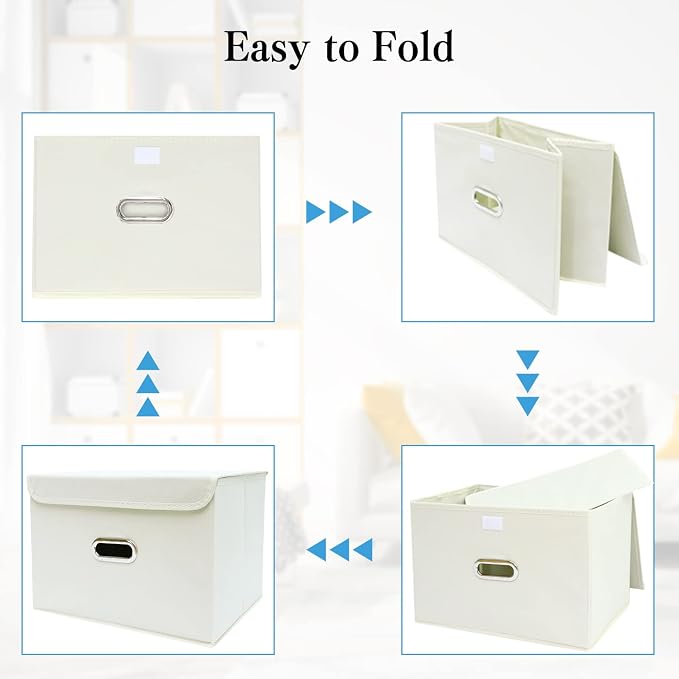 STOREONE Fabric Storage Cube Bins Foldable Organizer Container Collapsible Basket with Lids and Metal Handles, for Home, Bedroom, Closet 3 Pcs (Creamy-White) - Image 5