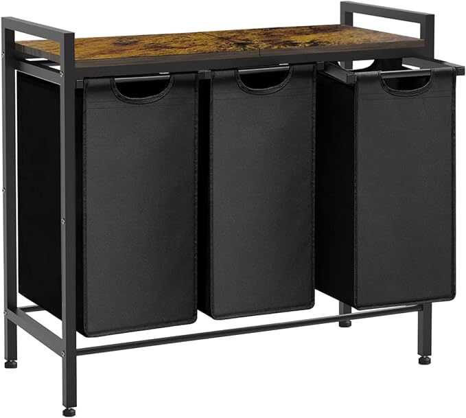 Large Laundry Hamper Sorter with 3 Removable & Pull-Out Sorting Bags, Wooden Top Shelf, Versatile Laundry Basket Organizer for Laundry Room, Bathroom, Dorm, 8 * 3 Gal, Black by Whoonba