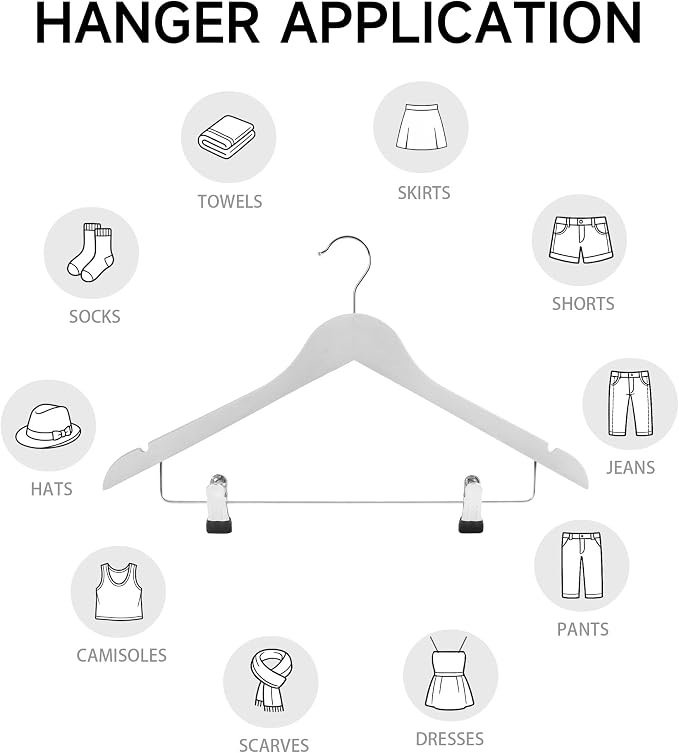 Wooden Hangers with Adjustable Metal Clips, 24-Pack, White | Solid Wood Hangers with 360° Rotatable Hook for Skirt, Dress, Coats, Jacket and Pants, Space-Saving and Non-Slip Design - Image 5