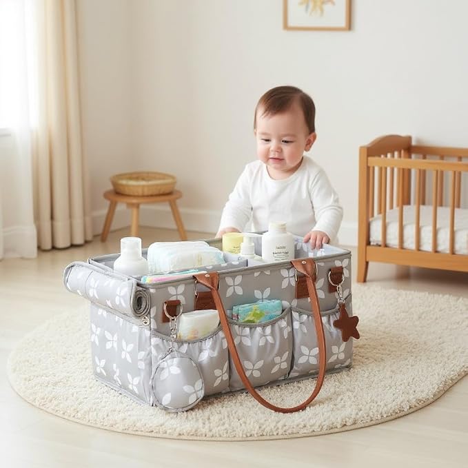 Diaper Caddy with Changing Mat, Large Baby Diaper Caddy Organizer with Lid, Portable Organizer Basket for Nursery and Car, Shoulder Strap and Pacifier Organizer - Image 9