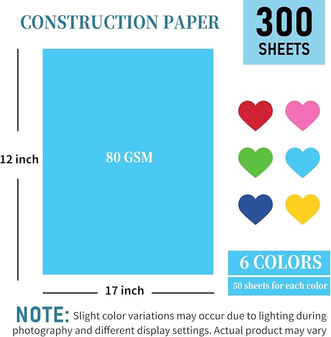 300 Sheets Construction Paper Assorted Colors for Art Supplies 12"x 17.3", 80gsm Colored Craft Paper Medium Weight for Arts Drawing Party Decoration - Image 2