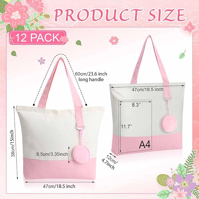Sanwuta Canvas Tote Bags Bulk with Zipper and Plush Coin Purses 18.5" Reusable Cotton Shopping Bags with Handle for DIY Craft - Image 3