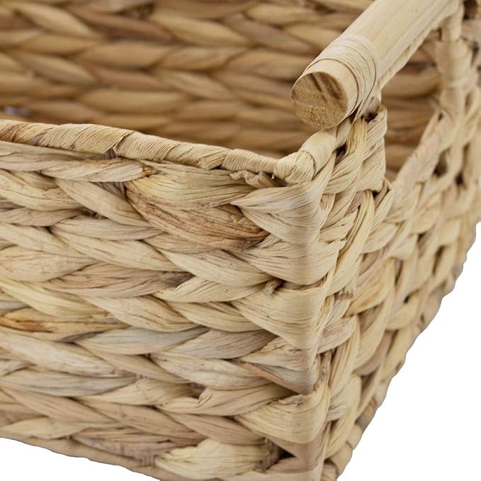 Natural Woven Water Hyacinth Storage Basket with Wood Handles, Medium | Rectangular wicker‑style bin, decorative accent, for shelves, bathroom, pantry, closet organization, countertop use - Image 5