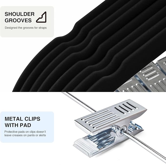 24-Pack Black Velvet Hangers with Clips Adjustable,Adult Hangers,Heavy-Duty,Felt,Non-Slip,Space Saving,Slim Outfit Hanger for Pants, Skirts, Suits,Coats, Dresses ect. - Image 3