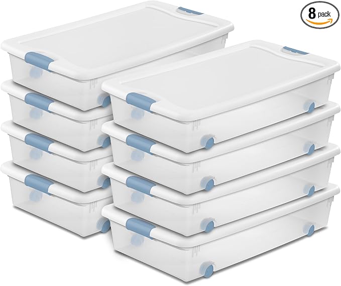 Sterilite 8-Pack Wheeled Latching Box, Plastic Under Bed Storage Bins with Lids, 56 Quart - Large Clear Stackable Tote Organizer Containers for Closet, Bedroom, Bathroom, and Office Organization by Sterilite