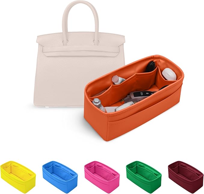 Satin Purse Organizer for Birkin 20, Orange | Tailored Fit, Multiple Pockets, Lightweight Satin, Purse Essentials, Ideal for Travel, Shopping, and Daily Use by KINGSINBAG